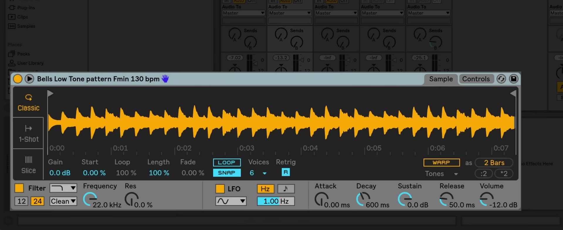Simpler showing a sample waveform with Warp enabled, a two-bar Warp as setting, Tones selected, and the ÷2 and ×2 correction buttons
