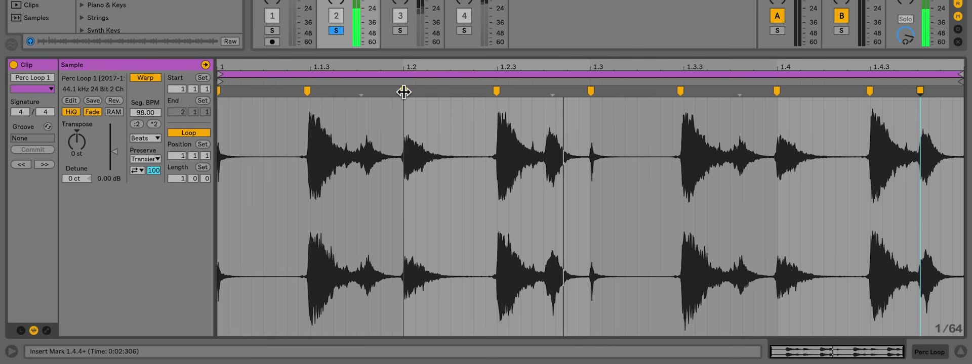 Ableton Live Sample Editor with the Warp switch enabled and yellow Warp Markers aligned above the waveform