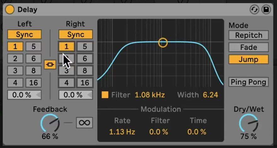 Source-video Delay device view with independent timing controls and Jump selected in the Mode section