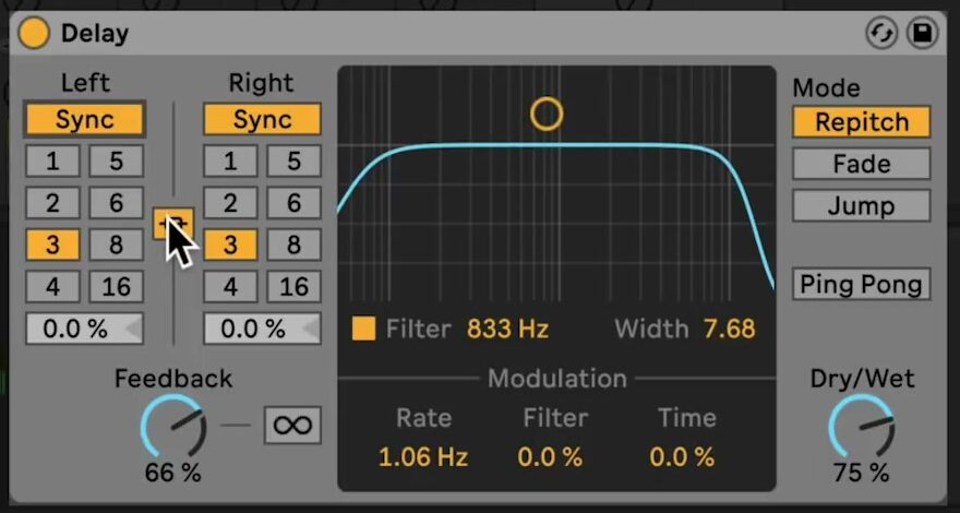 Source-video Delay device view showing Sync timing, Stereo Link, Feedback, the filter, and Dry/Wet controls