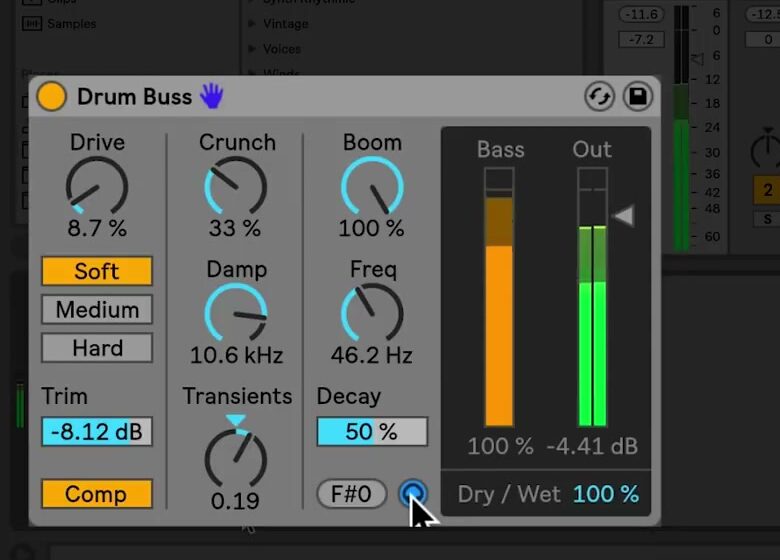 Drum Buss in the source-video interface, showing Drive, Soft/Medium/Hard distortion modes, Trim, Comp, Crunch, Damp, Transients, Boom, frequency, decay, bass and output meters, and Dry/Wet