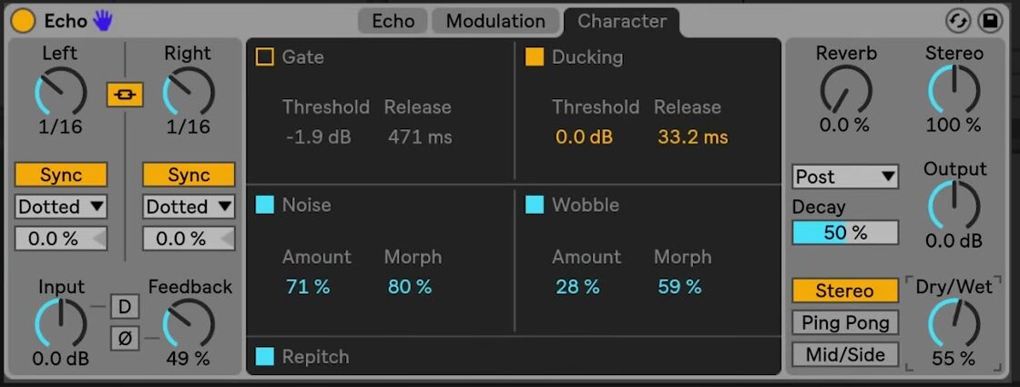 Source-video Echo Character tab showing Gate, Ducking, Noise, Wobble, and Repitch controls alongside Echo’s main timing and mix controls