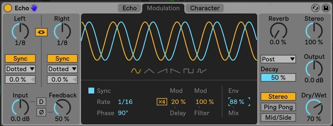Source-video Echo Modulation tab showing the LFO display and waveform controls, Sync, Rate, Phase, Mod Delay, Mod Filter, and Env Mix