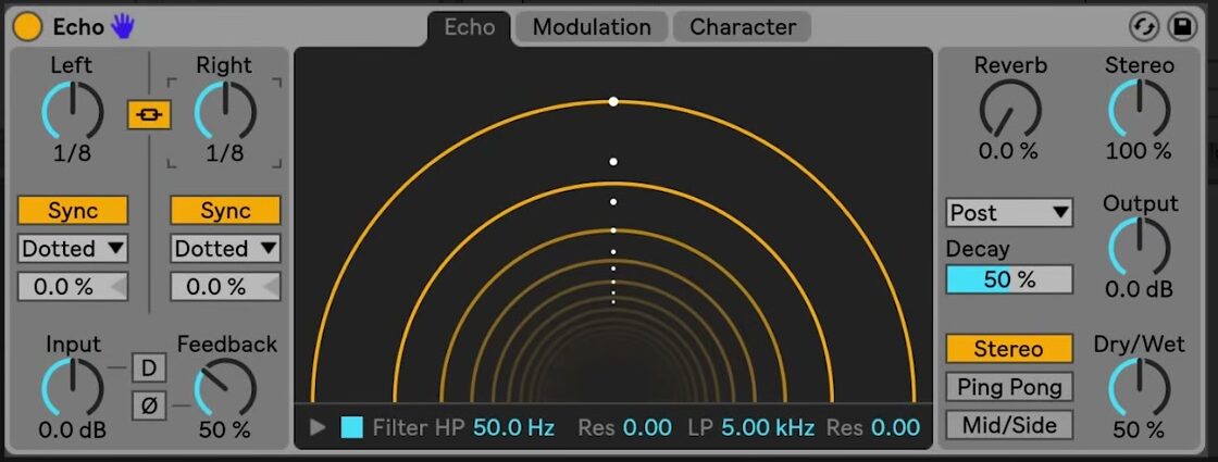 Source-video Echo tab showing independent timing, Stereo Link, input, feedback, filter, reverb, channel mode, output, and Dry/Wet controls