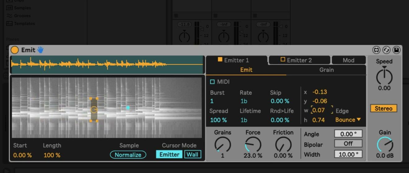 Emit in the source-video interface, showing the sample waveform, spectrogram, an emitter, particle positions, particle-generation controls, movement settings, and the Emitter and Wall cursor modes