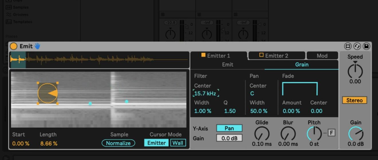 Emit in the source-video interface with the Grain tab open, showing filter, pan, fade, Y-Axis, Glide, Blur, Pitch, Gain, and emitter controls