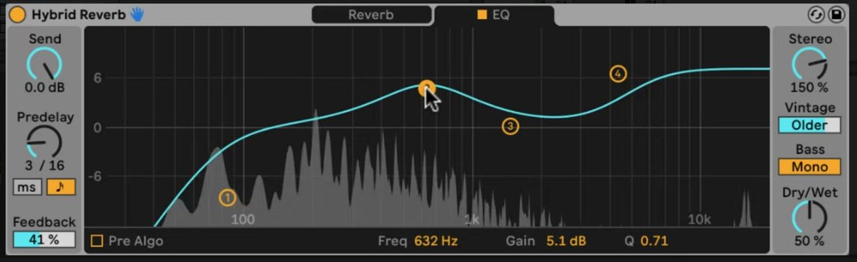 Source-video Hybrid Reverb EQ tab showing four EQ bands, Pre Algo, and the Stereo, Vintage, Bass Mono, and Dry/Wet output controls