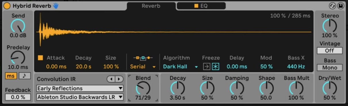 Source-video Hybrid Reverb Reverb tab showing input controls, convolution and algorithmic sections, Serial routing, Blend, and output controls