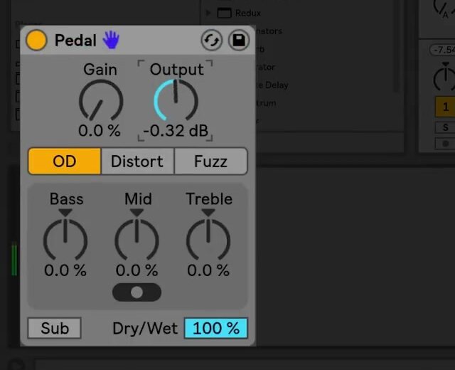 Ableton Live’s Pedal device in Overdrive mode with Gain, Output, three drive types, Bass, Mid, Treble, the Mid Frequency switch, Sub, and Dry/Wet controls visible