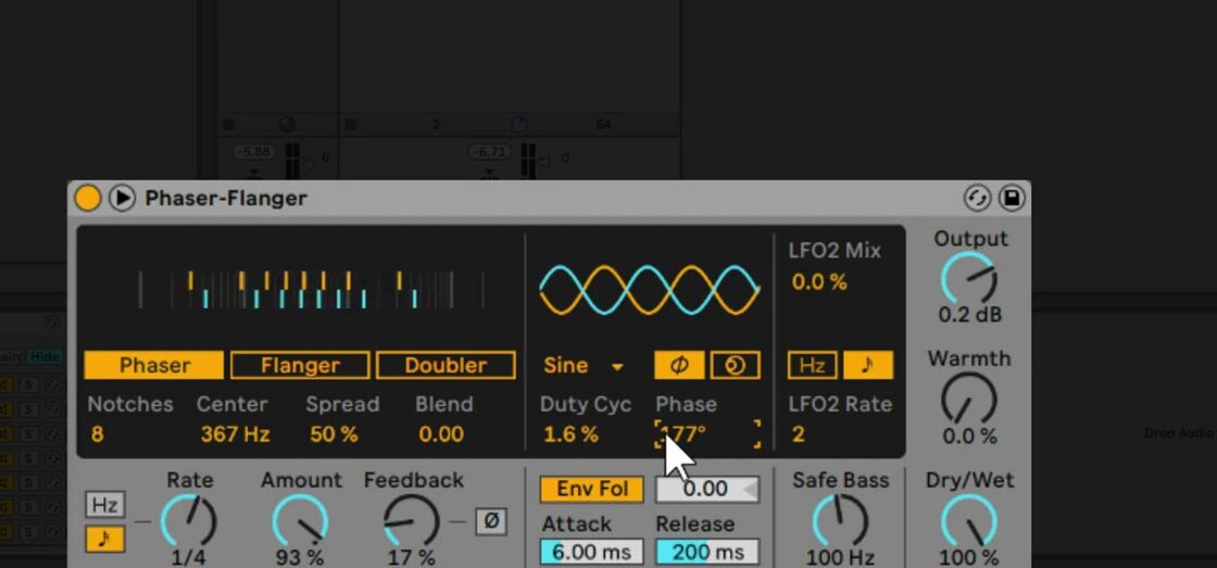 Phaser-Flanger’s unfolded Phaser mode, showing the LFO waveform display, Phase control, LFO2 controls, envelope follower, Safe Bass, and global controls