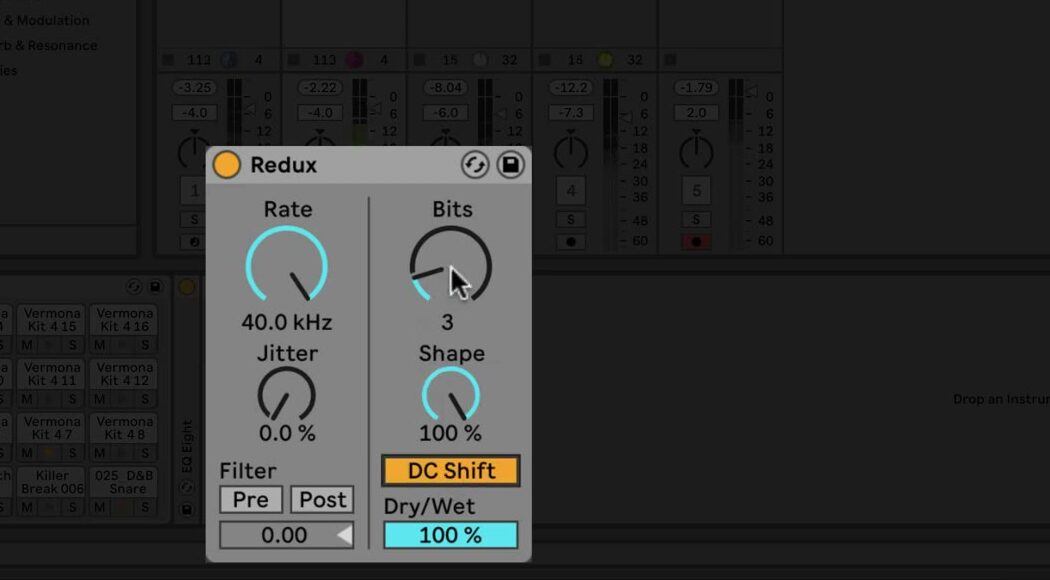 Redux showing the Rate, Jitter, Pre and Post filters, Bits, Shape, DC Shift, and Dry/Wet controls