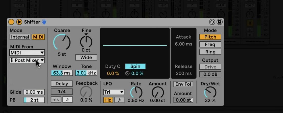 Shifter unfolded in MIDI mode, showing the MIDI source chooser, Glide, pitch-bend range, and the main Pitch controls