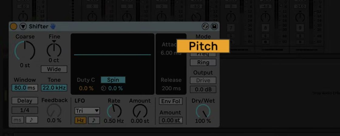 Shifter in Pitch mode with Coarse, Fine, Window, Tone, Delay, LFO, envelope follower, and Dry/Wet controls visible