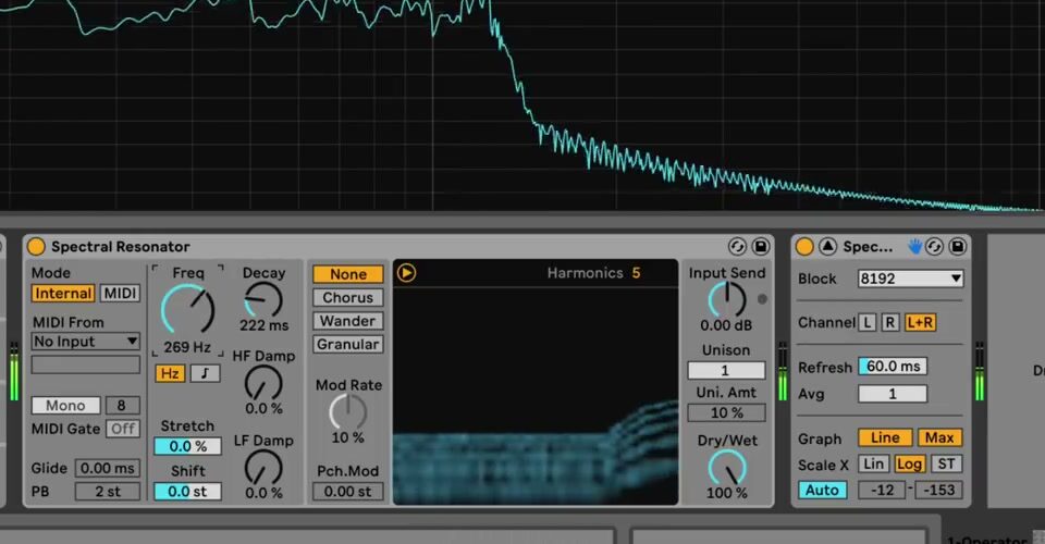 Spectral Resonator in the source-video interface, showing Internal mode, frequency, decay, damping, modulation, harmonics, and Dry/Wet controls