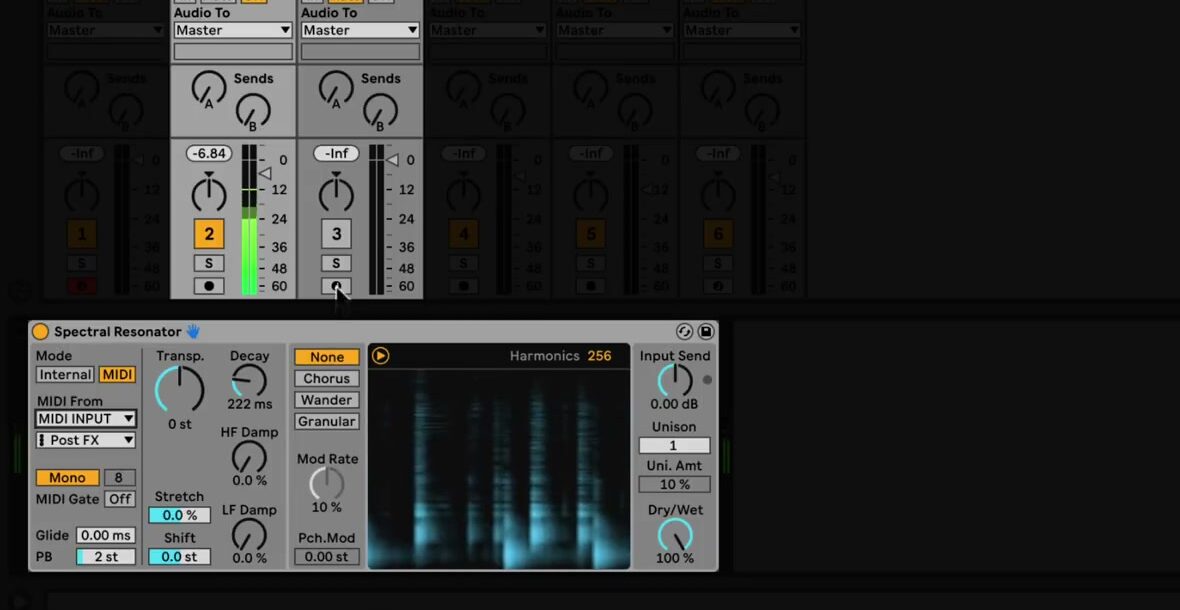 Spectral Resonator in MIDI mode, showing the MIDI source chooser, tapping point, Mono/Poly settings, MIDI Gate, and Transpose controls