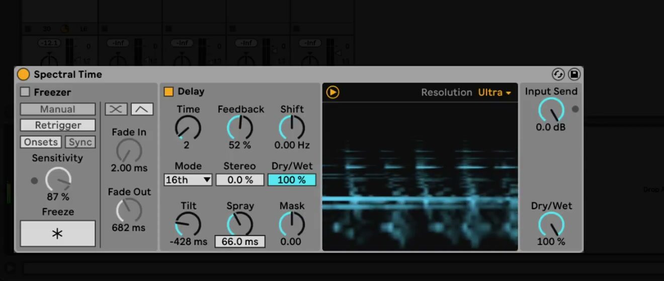 Spectral Time in the source-video interface, showing an active Delay section with Time, Feedback, Shift, Tilt, Spray, Mask, Stereo, section Dry/Wet, and Resolution controls