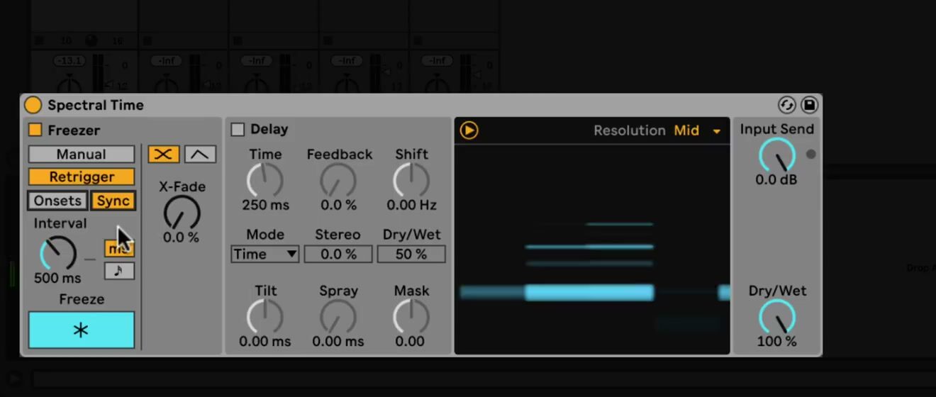Spectral Time in the source-video interface, showing Freezer Retrigger mode, Onsets and Sync buttons, interval controls, crossfade, the Freeze button, and the spectrogram