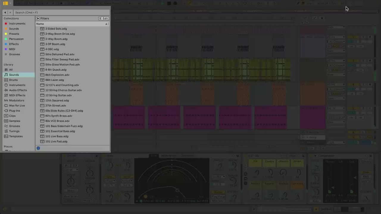 Ableton Live Browser open on the left side of the window