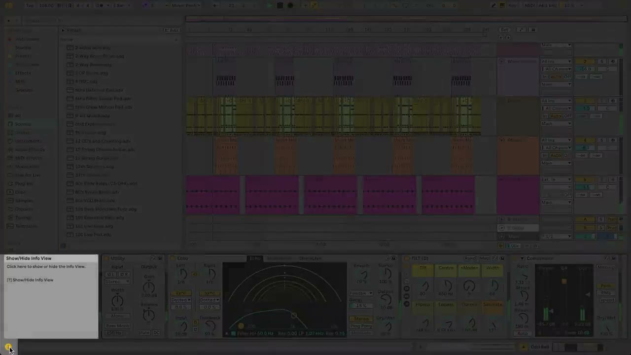 Ableton Live with Info View open in the lower-left corner