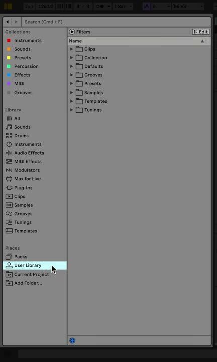 Live 12 Browser showing Collections, Library, Places, and User Library content