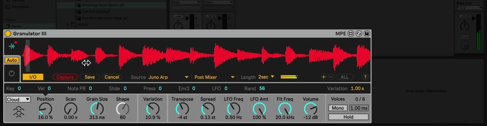Granulator III with the live-input capture controls visible, including source selection, capture length, Capture, Save, and Cancel
