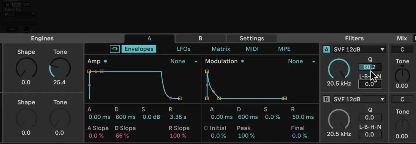 Meld showing the two engine controls, Amp and Modulation envelopes, and the independent A and B filters