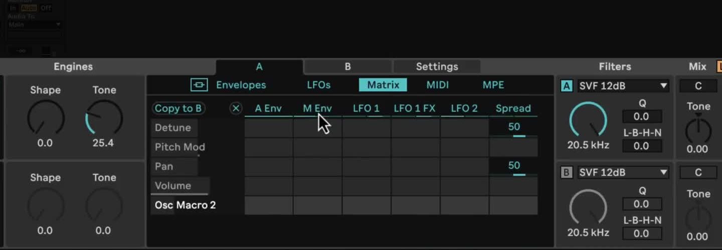 Meld's Matrix tab, with modulation sources across the top and engine parameters listed as targets