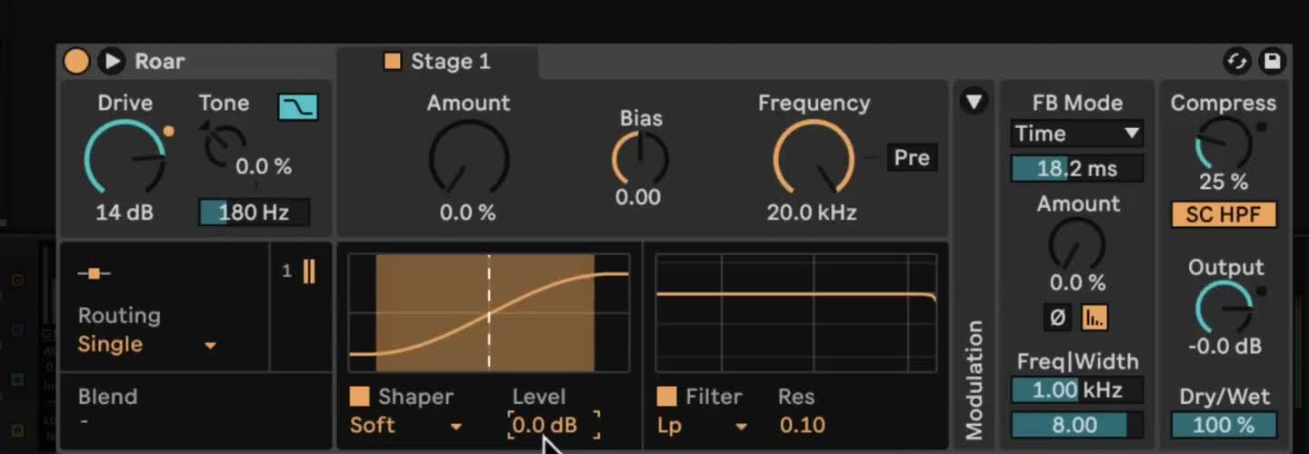 Roar in Single routing mode, showing the Drive, Tone, Stage 1, shaper, filter, feedback, and output controls