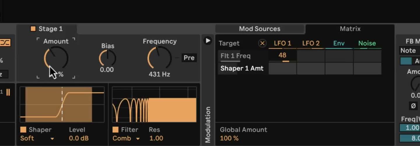 Roar's Modulation Matrix with LFO 1 assigned to the Stage 1 filter frequency