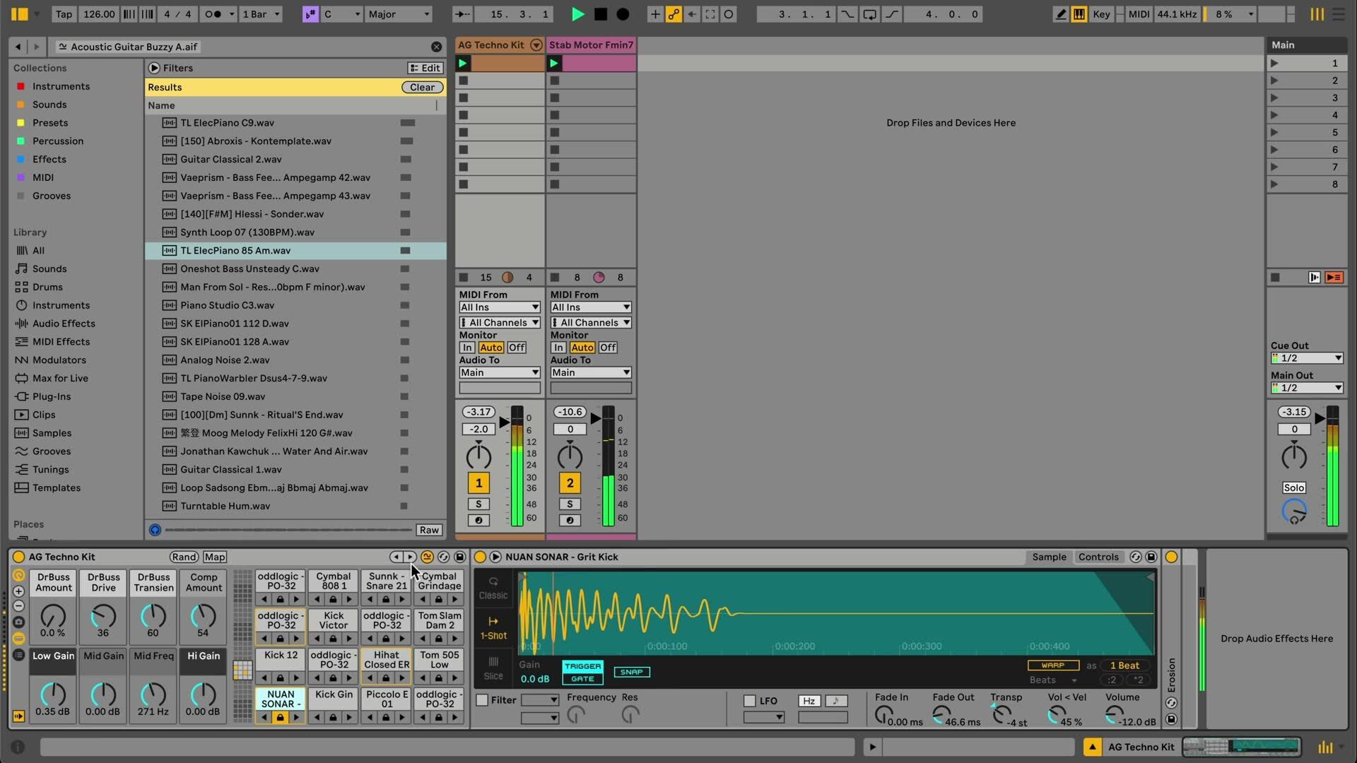 Ableton Live Browser showing similarity results while a related sample is loaded in Simpler