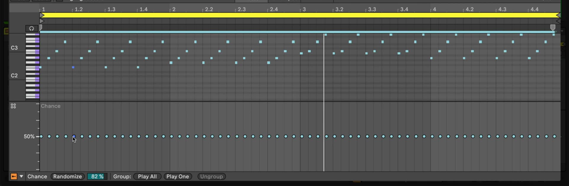 Live 12 MIDI Note Editor with the Chance Editor open, showing per-note probability markers at 50%, the Randomize control, and the Play All and Play One group controls