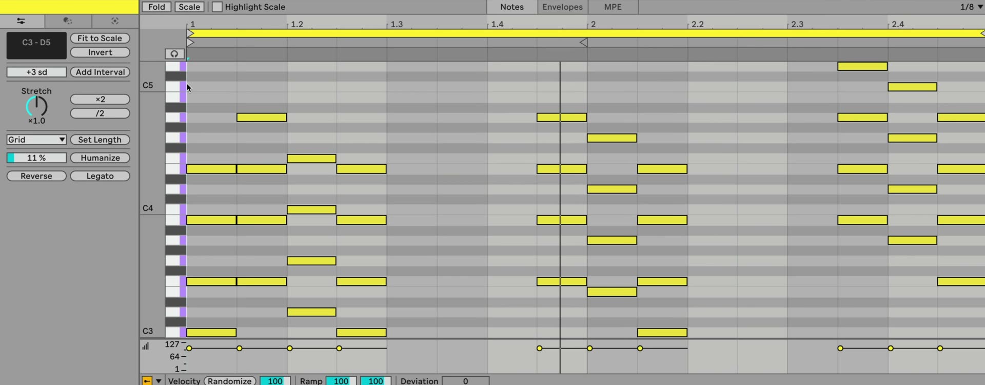 Live 12 MIDI Note Editor with the Pitch and Time Utilities panel showing Fit to Scale, Invert, Add Interval, Stretch, Set Length, Humanize, Reverse, and Legato controls