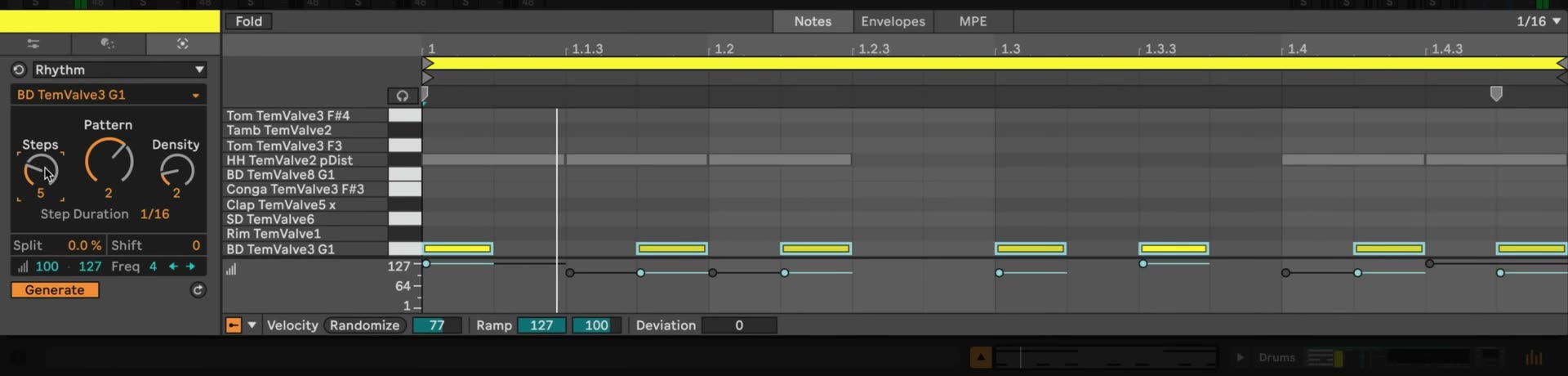 Live 12 Clip View showing the Rhythm MIDI Generator selector, pattern controls, Generate button, and generated Drum Rack notes