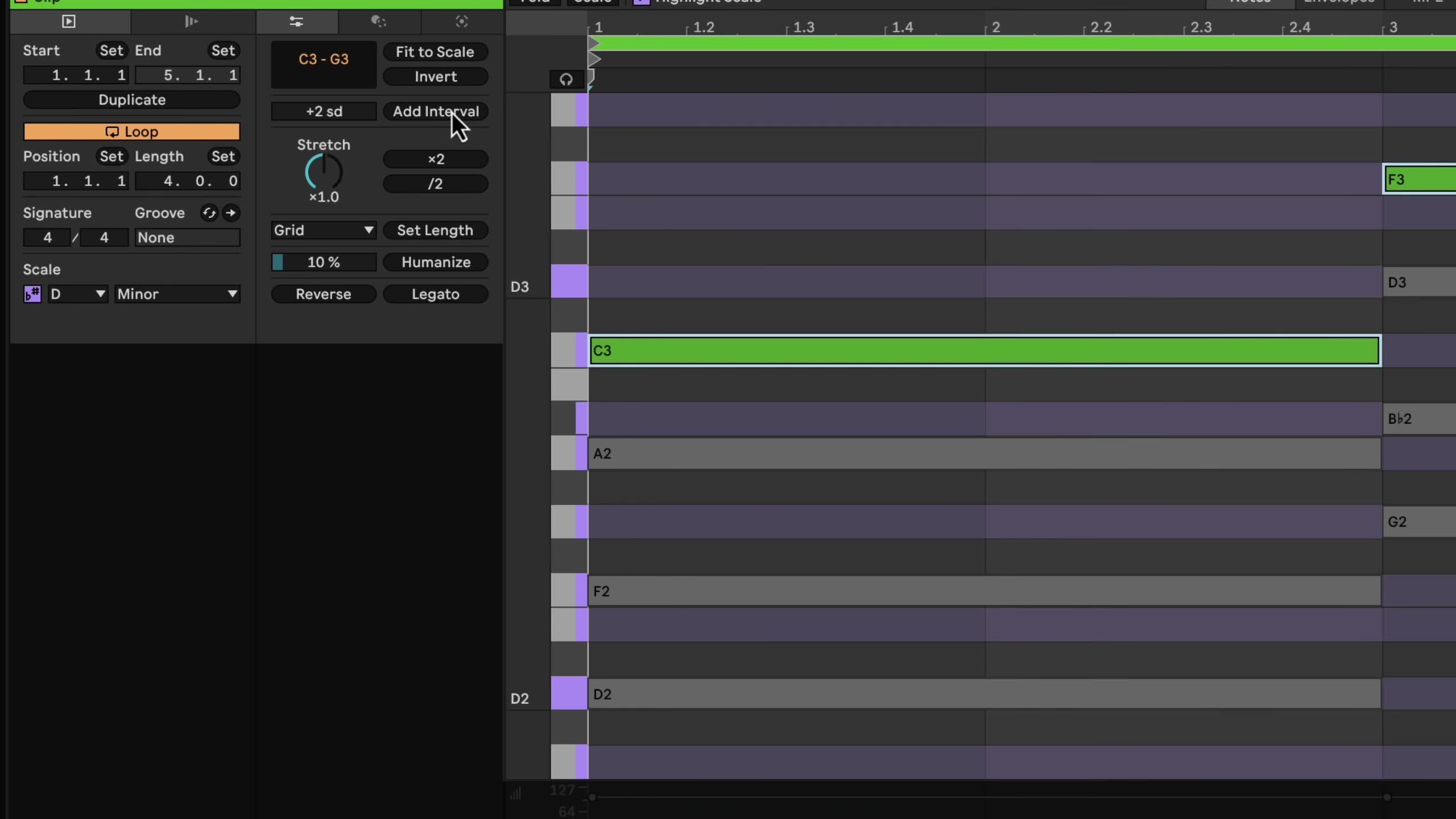 Clip View with a D minor scale, highlighted scale rows, and the Fit to Scale and Add Interval controls