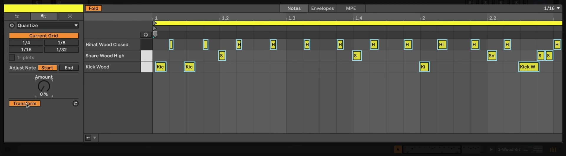 Live 12 Clip View showing the Transform panel with the Quantize transformation, rhythmic value controls, amount control, and MIDI notes in a Drum Rack clip