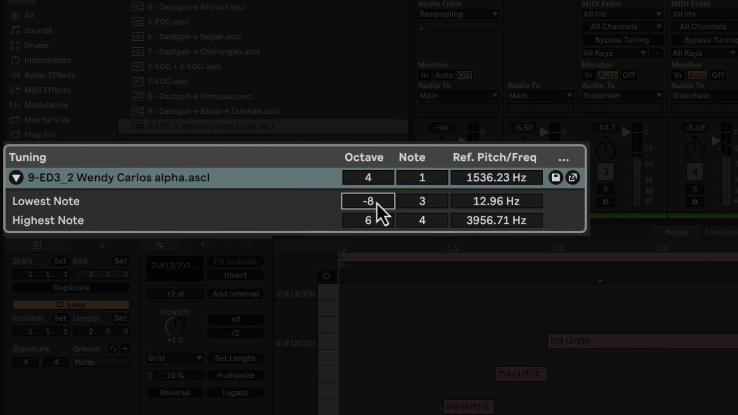 Expanded Live 12 Tuning section with the loaded tuning system, reference pitch, and lowest and highest note controls