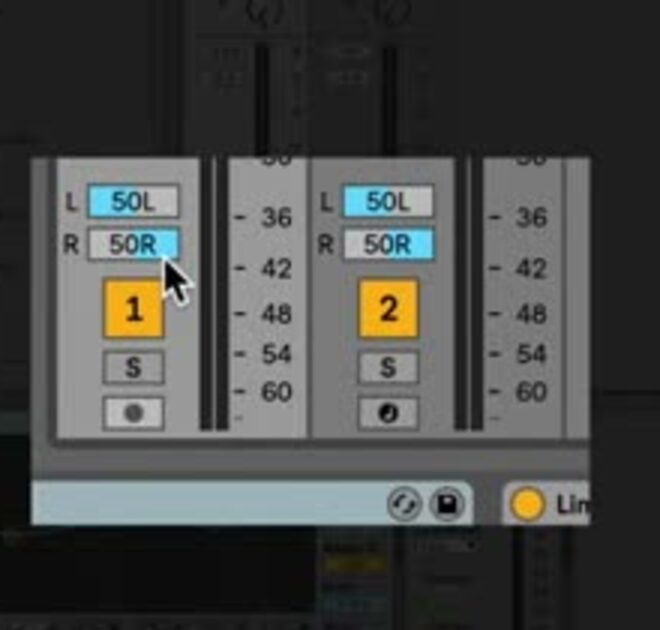 Split Stereo Pan Mode showing independent left and right pan sliders on two Ableton Live tracks