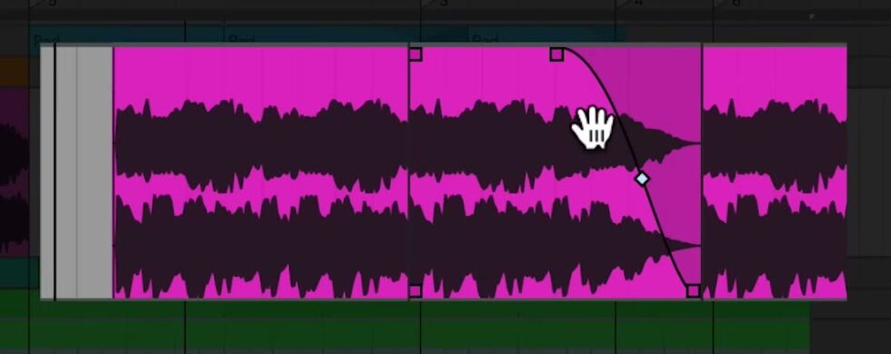 Two adjacent Arrangement View audio clips with crossfade handles and a curve control