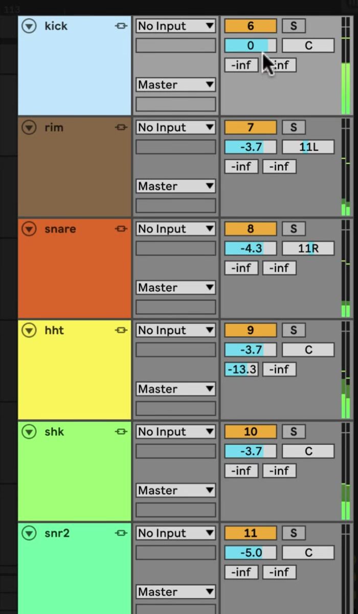 Cropped Arrangement View track headers with linked-track indicator buttons beside several tracks