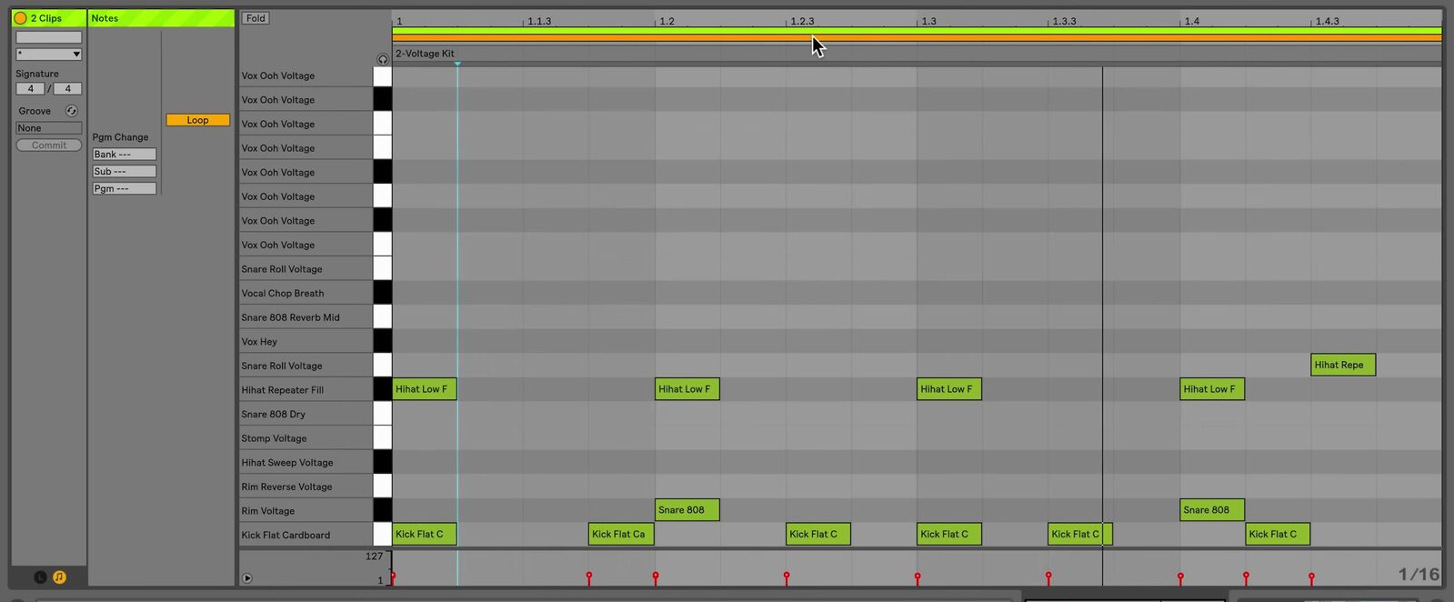 MIDI Note Editor showing a two-clip selection and two color-matched loop bars