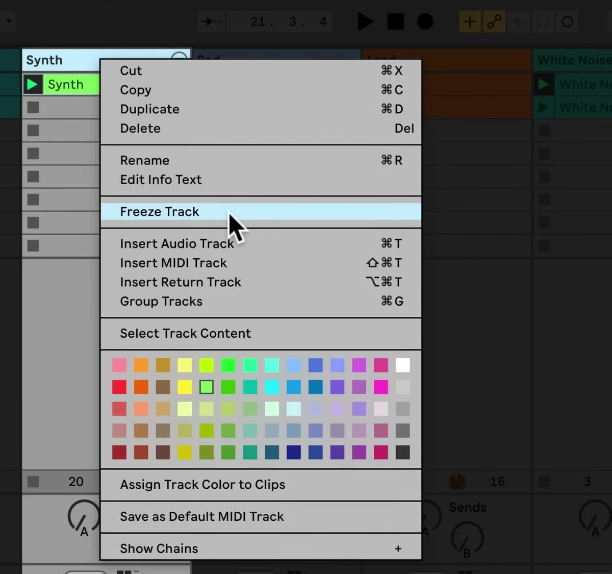 Session View track context menu with the Freeze Track command highlighted