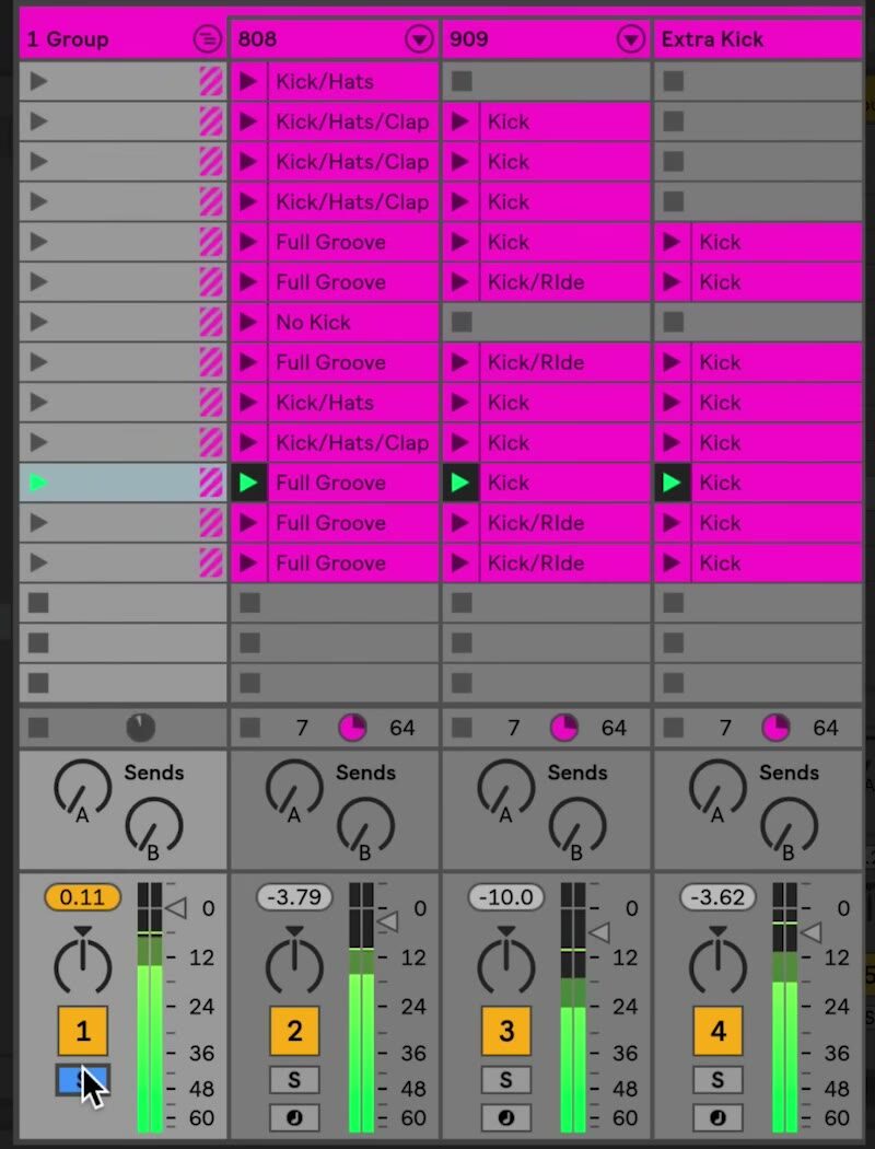 Expanded Session View Group Track containing three individual tracks