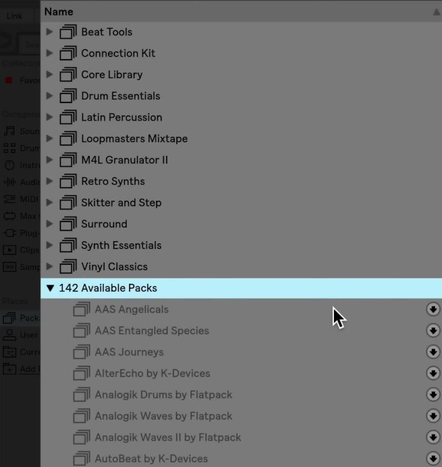 Available Packs list in Ableton Live with download icons beside uninstalled Packs