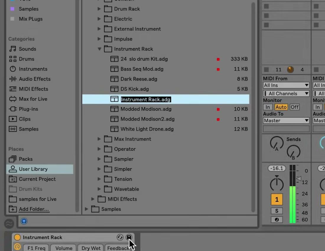 Earlier Ableton Live Browser with the User Library selected and a newly saved Instrument Rack preset highlighted while the device's Save Preset button is visible