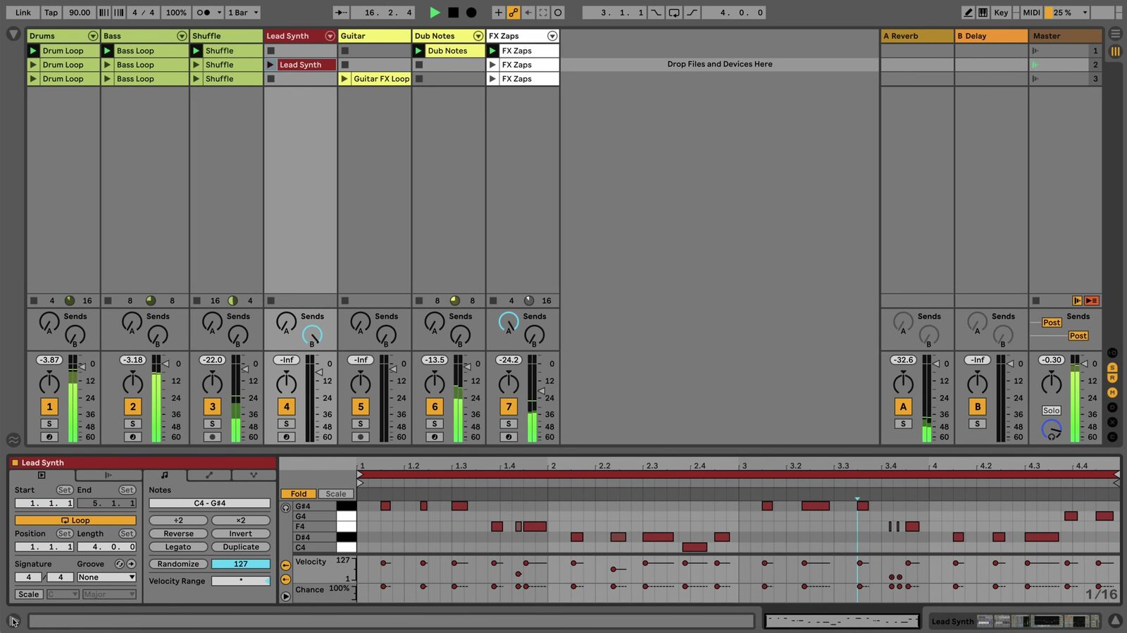 Session View with a MIDI clip open in Clip View at the bottom of the Live window
