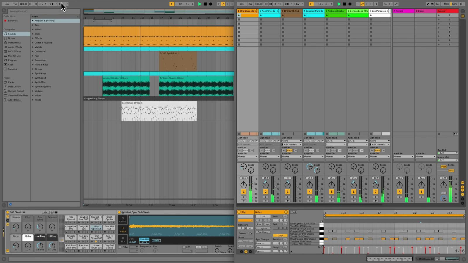 Ableton Live with Arrangement View in the main window and Session View in a second window