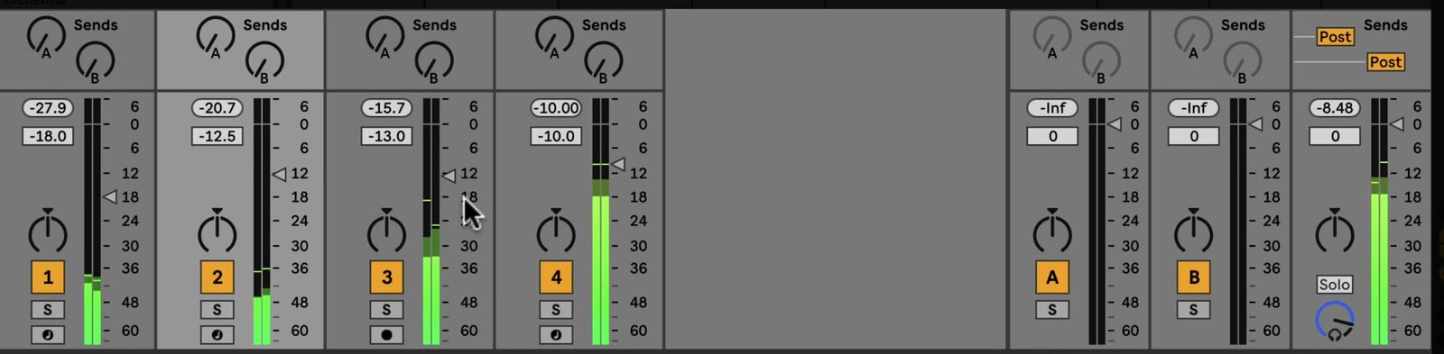 Mixer track strips showing sends, meters, pan controls, track activation, solo, and record arm