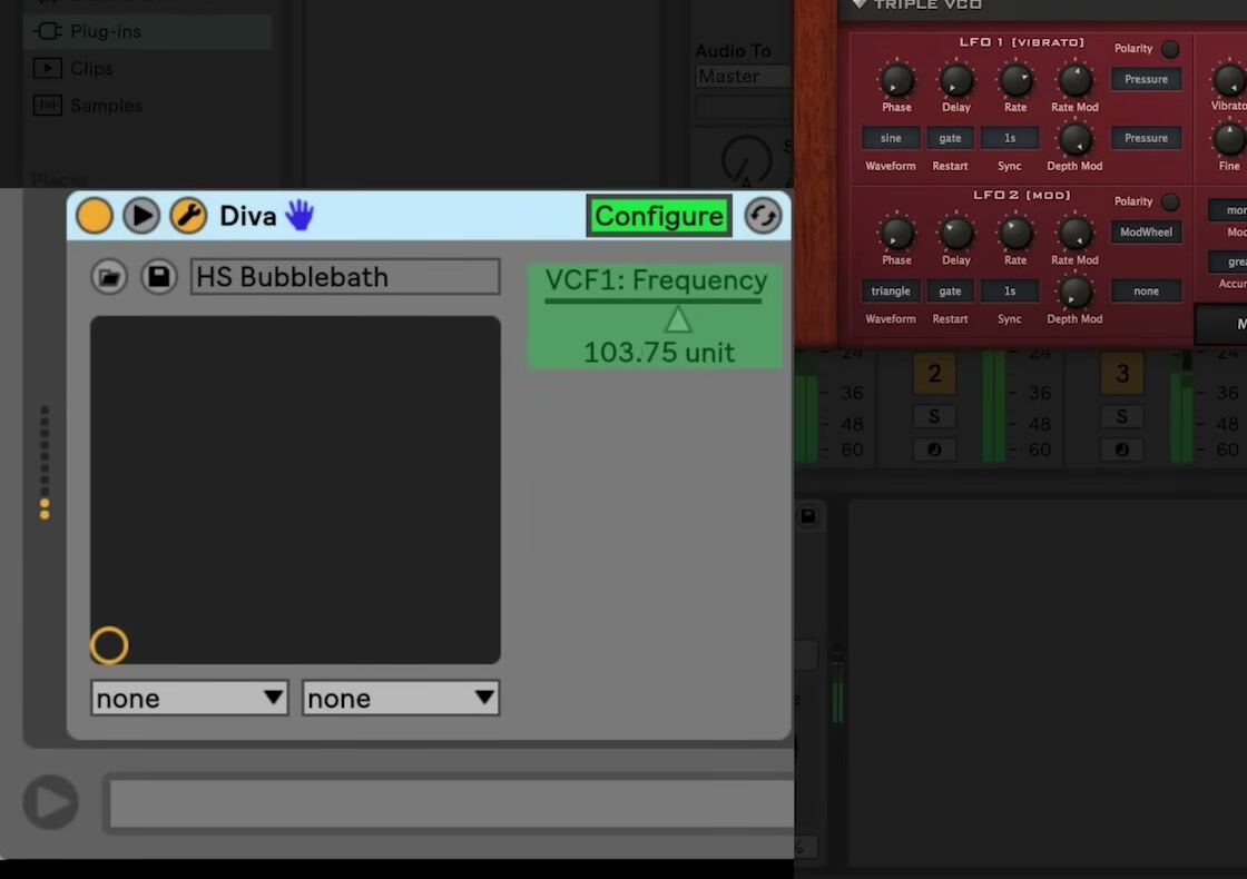 An earlier Ableton Live Device View with Configure Mode active for a third-party plug-in and a selected plug-in control exposed in Live’s panel