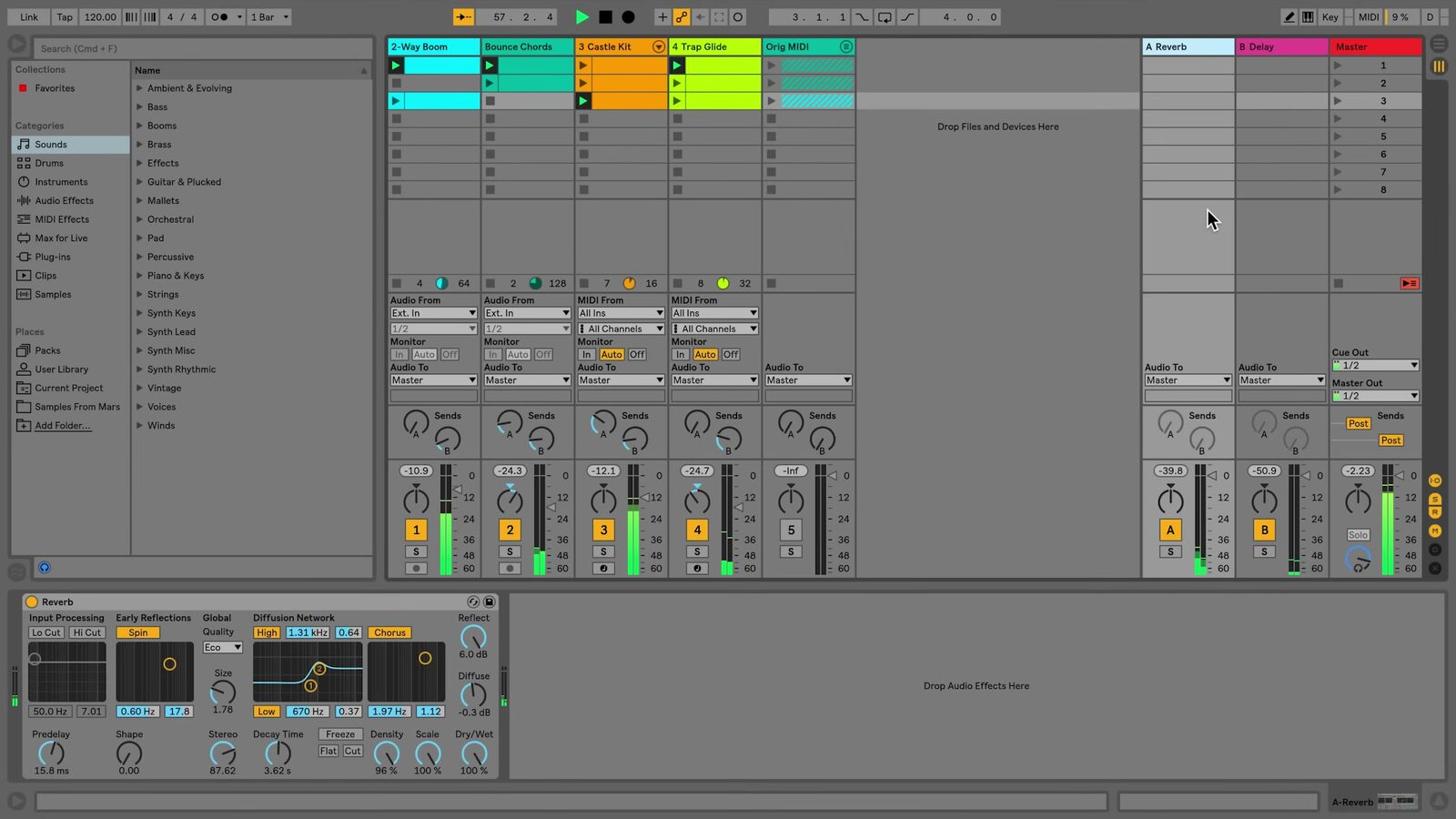 Session View showing clip tracks, return tracks, and the Master track in the source video