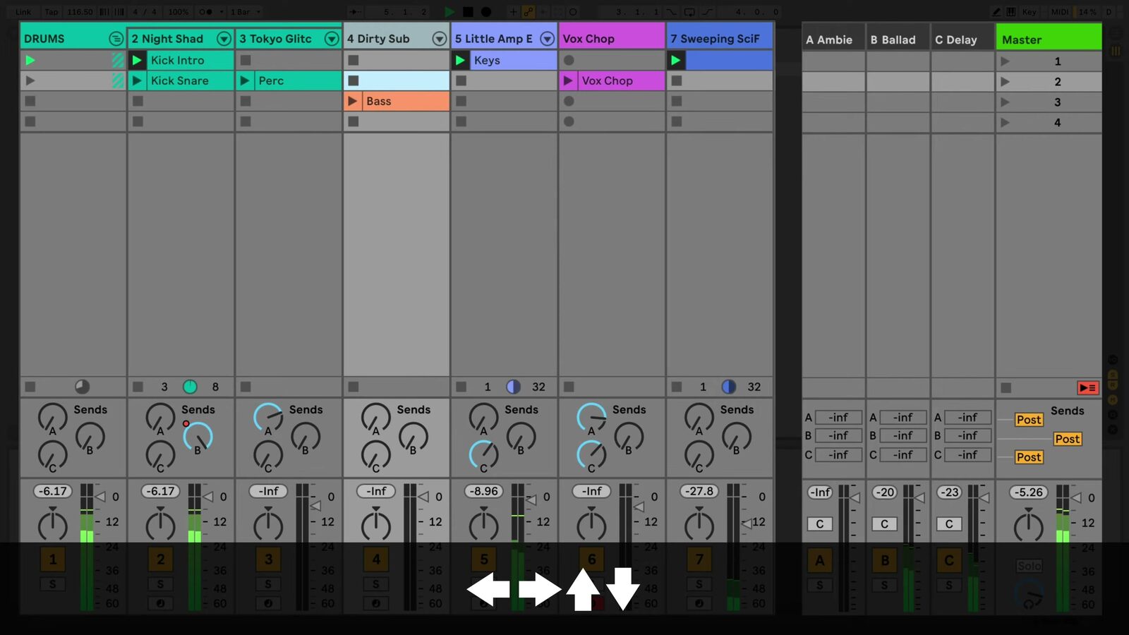 Session View with an on-screen arrow-key overlay for navigating clip slots